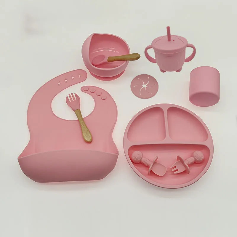 Baby silicone tableware set 10-piece simple style dark pink