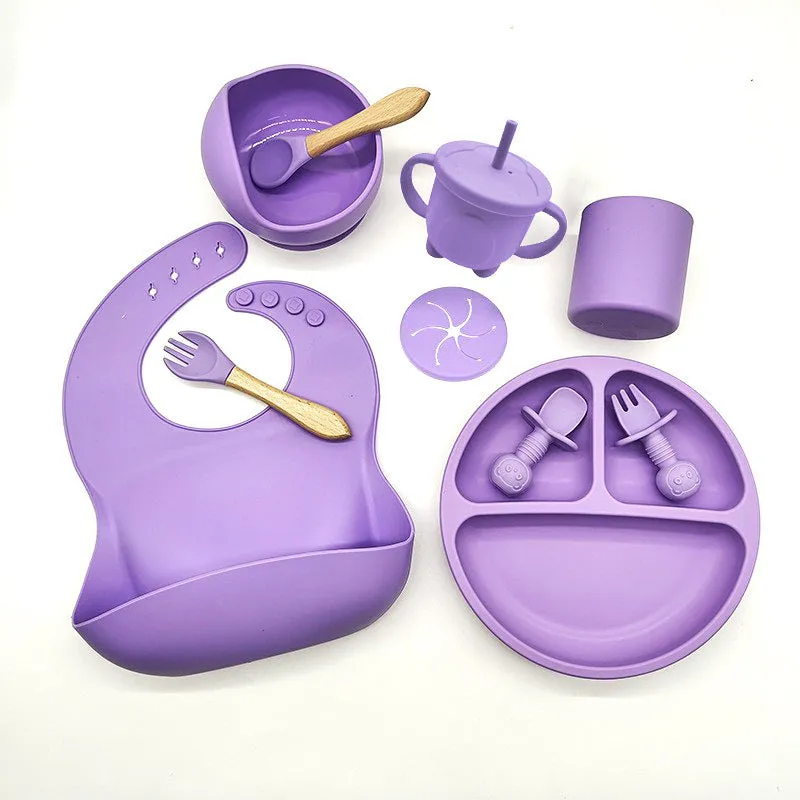 Baby silicone tableware set 10-piece simple style dark pink