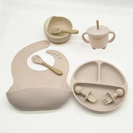 Baby silicone tableware set 10-piece simple style dark pink