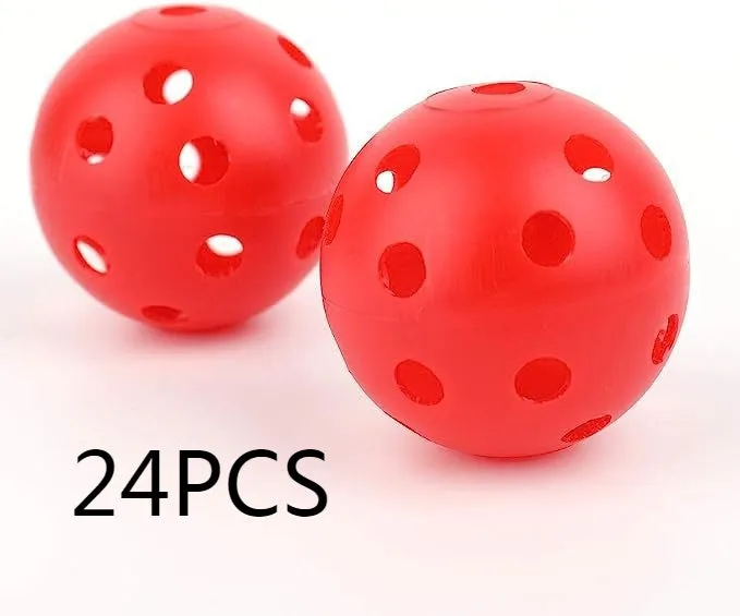 Multi-colour golf practice balls in red, orange, blue, green, white, and yellow, shown in a net pocket.