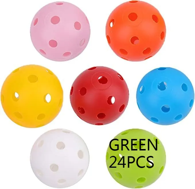Multi-colour golf practice balls in red, orange, blue, green, white, and yellow, shown in a net pocket.