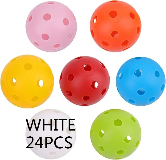 Multi-colour golf practice balls in red, orange, blue, green, white, and yellow, shown in a net pocket.