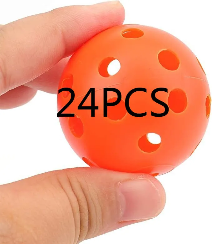Multi-colour golf practice balls in red, orange, blue, green, white, and yellow, shown in a net pocket.