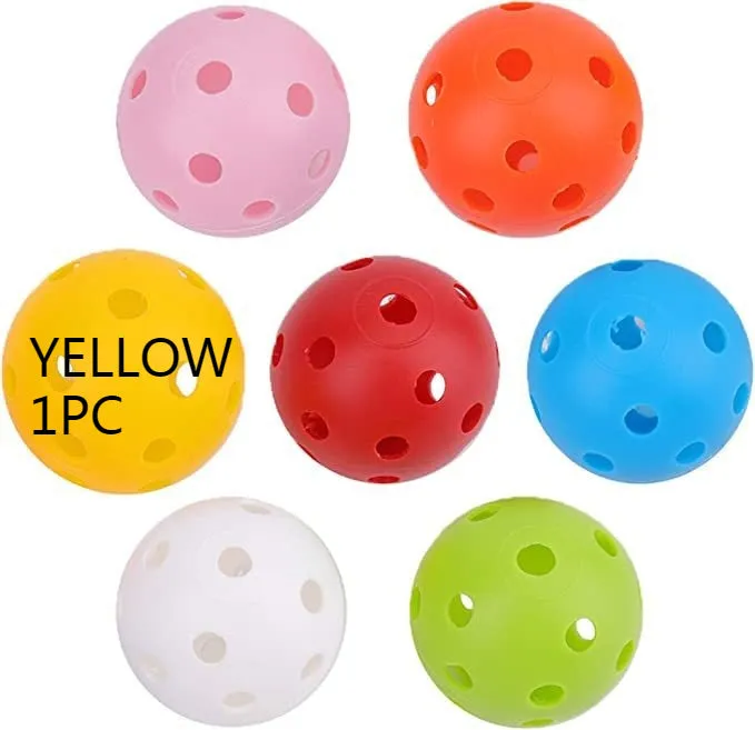 Multi-colour golf practice balls in red, orange, blue, green, white, and yellow, shown in a net pocket.