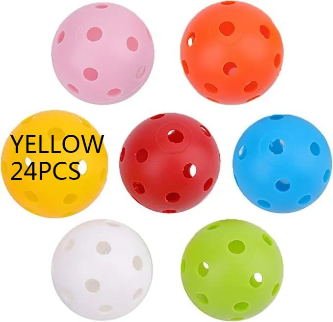 Multi-colour golf practice balls in red, orange, blue, green, white, and yellow, shown in a net pocket.