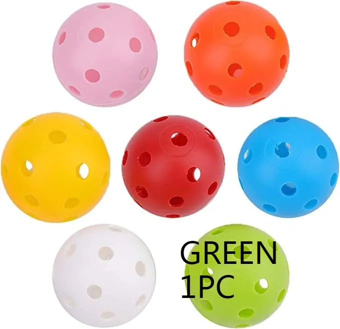 Multi-colour golf practice balls in red, orange, blue, green, white, and yellow, shown in a net pocket.
