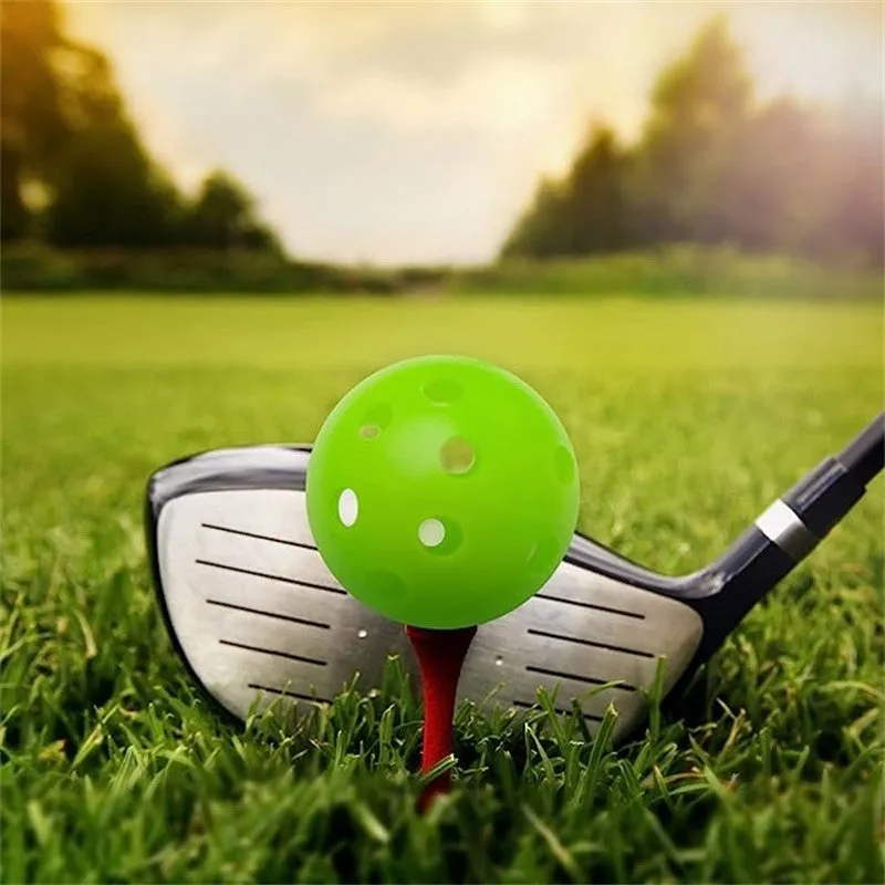 Multi-colour golf practice balls in red, orange, blue, green, white, and yellow, shown in a net pocket.