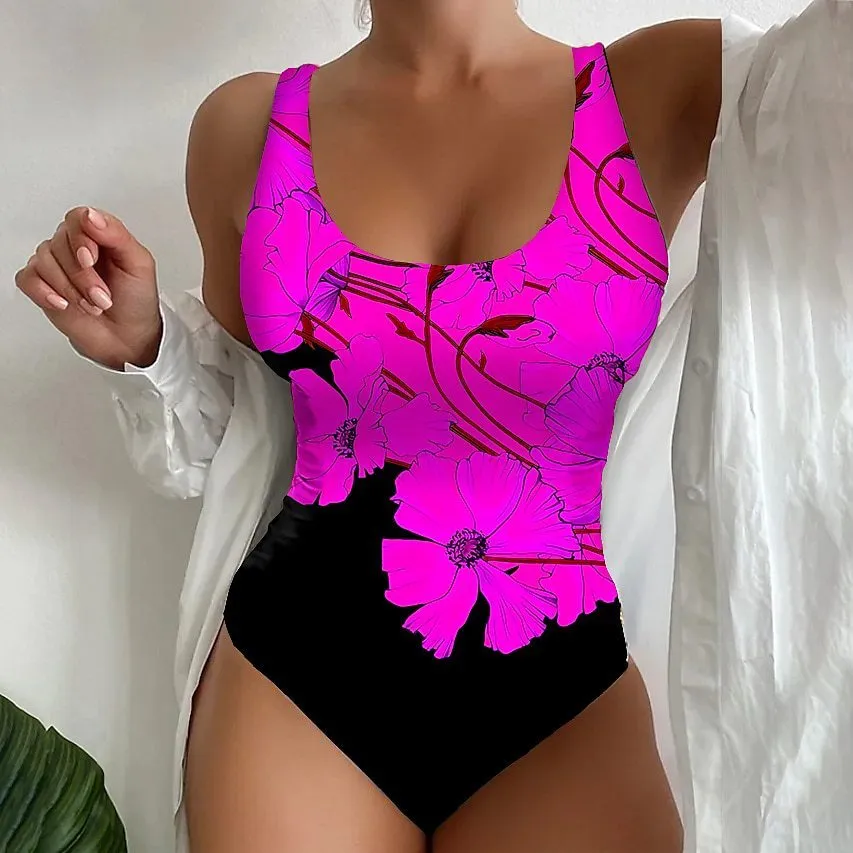 Women's orange red 3D printed one-piece swimsuit with lycra lining for swimming.