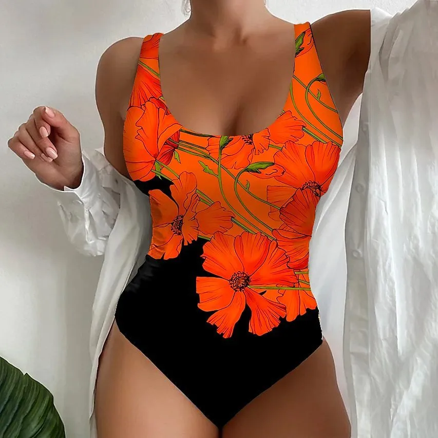 Women's orange red 3D printed one-piece swimsuit with lycra lining for swimming.