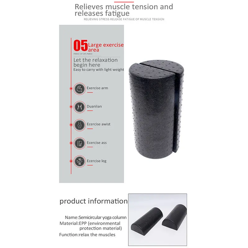 Black semi-circular EPP foam yoga roller 30cm on floor for muscle massage and stretching