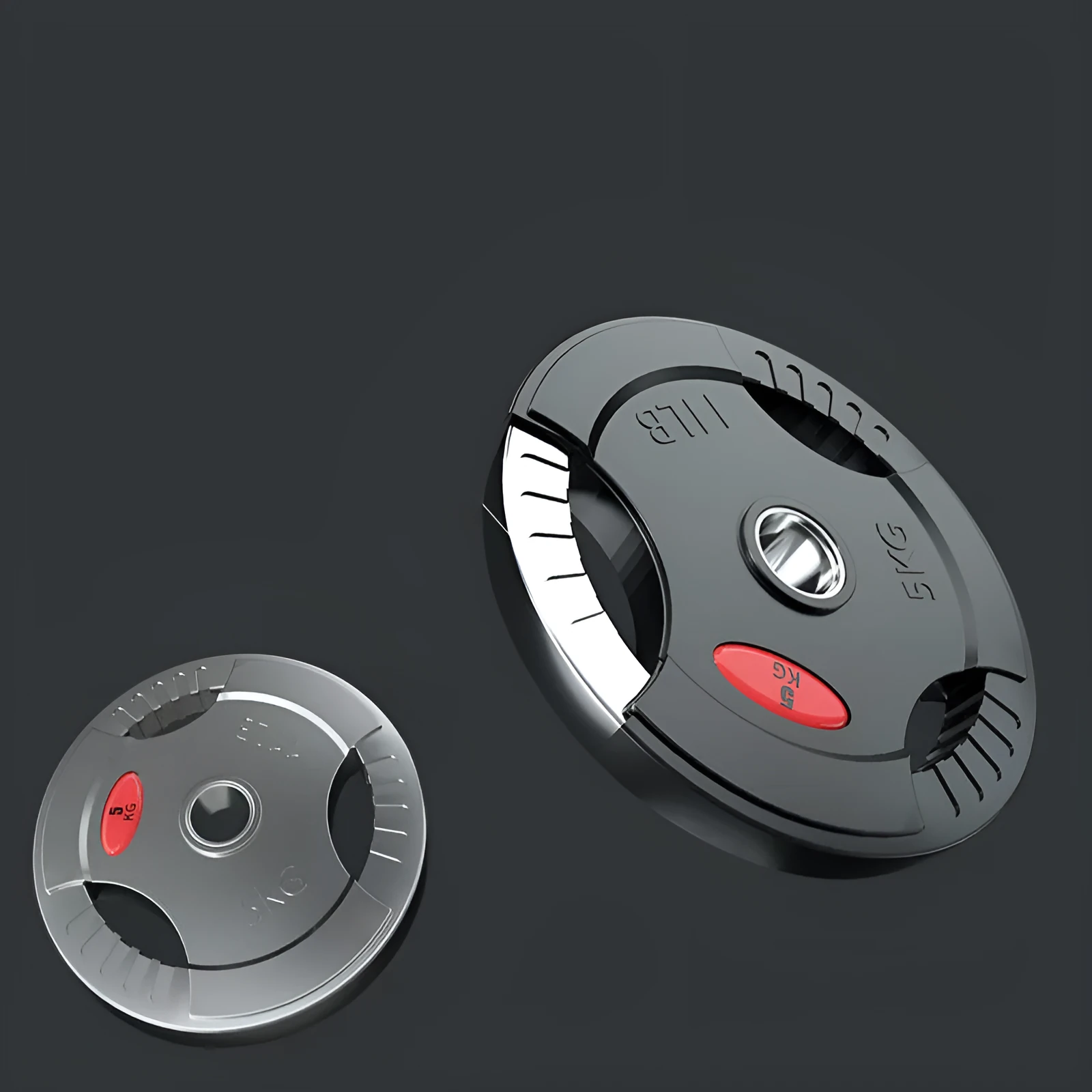 Black rubber covered cast iron barbell weight plates on gym floor