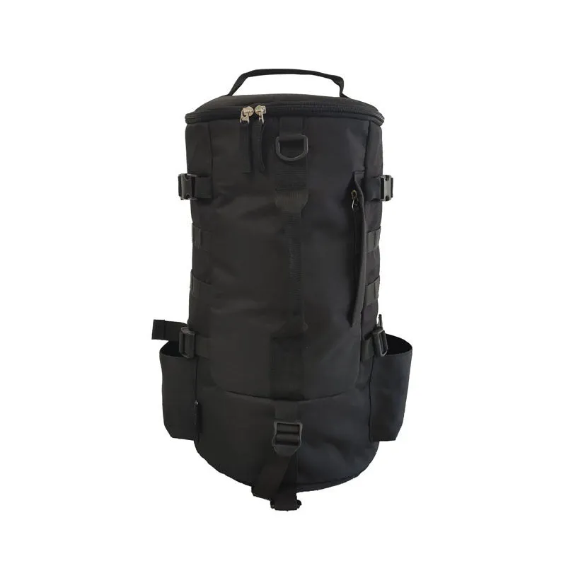 Outdoor cylindrical fishing gear backpack in black, 36-55L capacity, polyester fabric, 45x26x26cm