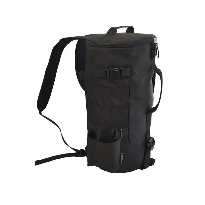 Outdoor cylindrical fishing gear backpack in black, 36-55L capacity, polyester fabric, 45x26x26cm