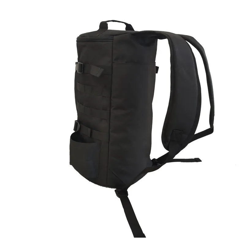 Outdoor cylindrical fishing gear backpack in black, 36-55L capacity, polyester fabric, 45x26x26cm