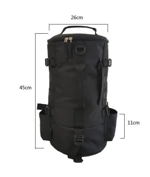 Outdoor cylindrical fishing gear backpack in black, 36-55L capacity, polyester fabric, 45x26x26cm
