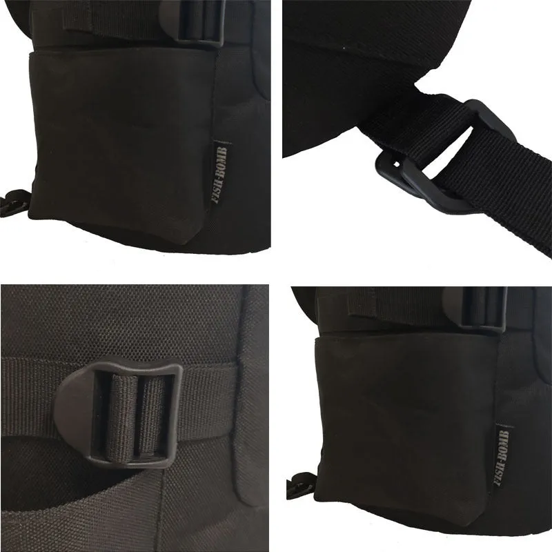 Outdoor cylindrical fishing gear backpack in black, 36-55L capacity, polyester fabric, 45x26x26cm