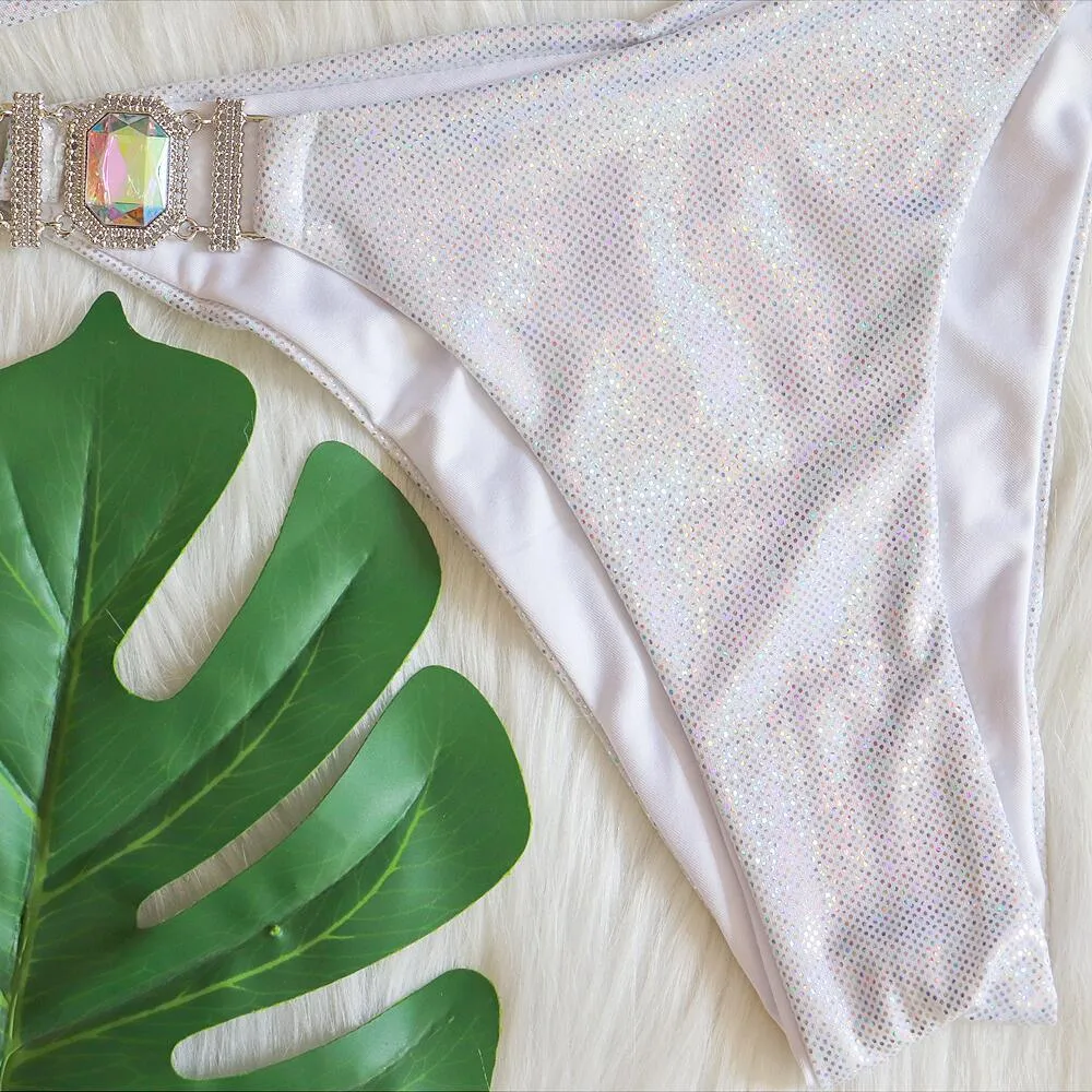 Women's ties halter bikini glitter set in silver bronzing with polyester fabric