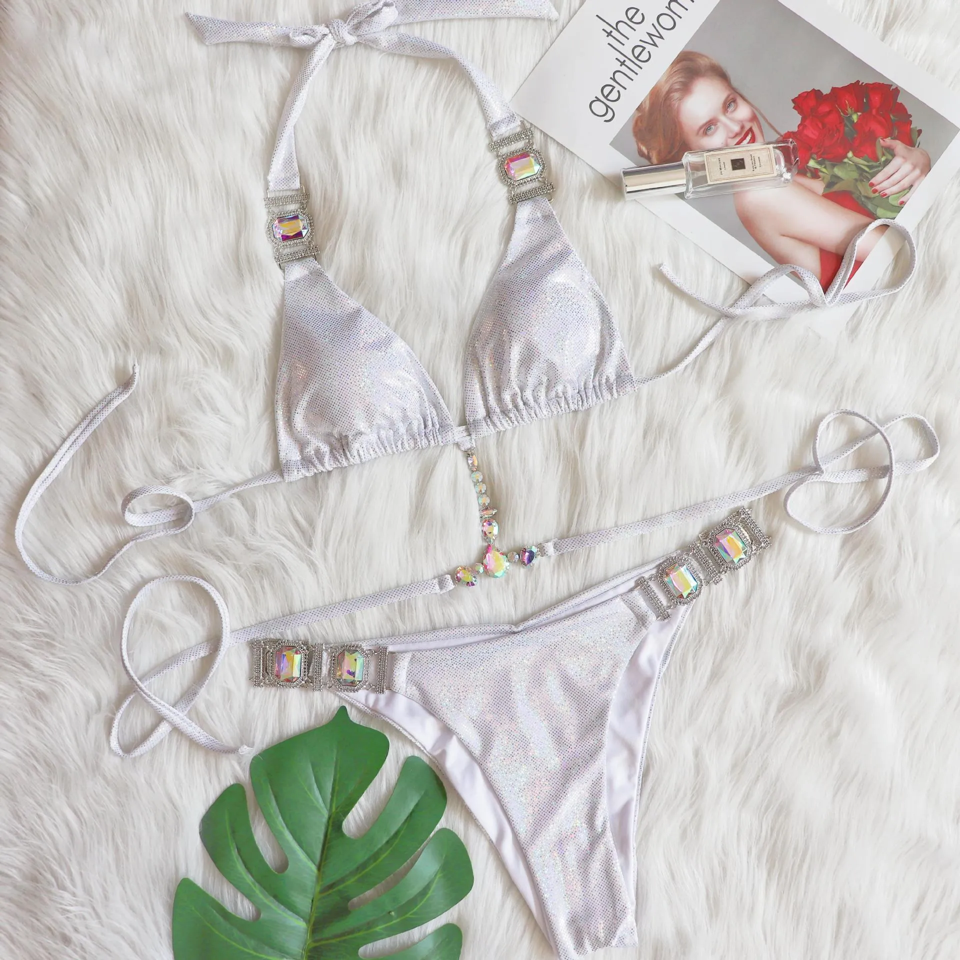 Women's ties halter bikini glitter set in silver bronzing with polyester fabric
