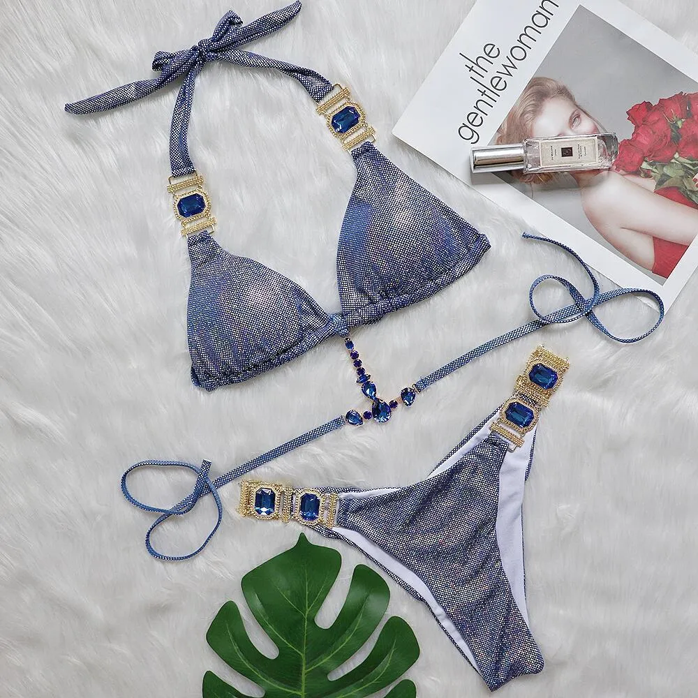 Women's ties halter bikini glitter set in silver bronzing with polyester fabric