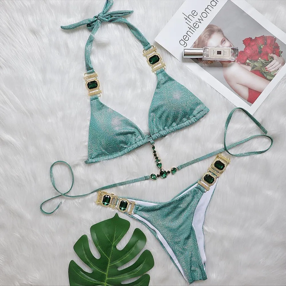 Women's ties halter bikini glitter set in silver bronzing with polyester fabric