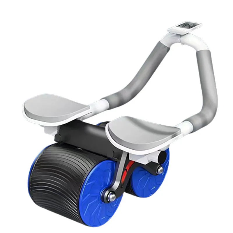 Black abdominal exercise wheel with automatic rebound next to red and black lock edge yoga mat for core workouts
