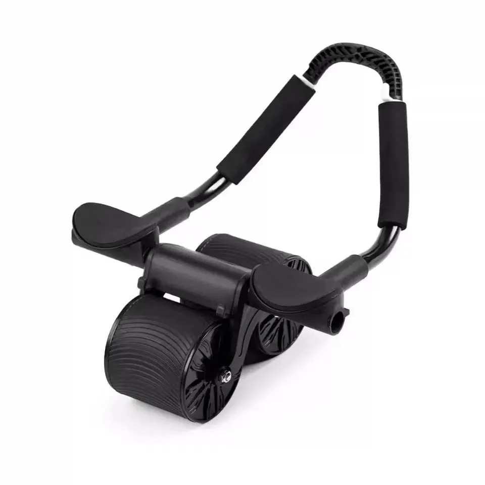 Black abdominal exercise wheel with automatic rebound next to red and black lock edge yoga mat for core workouts