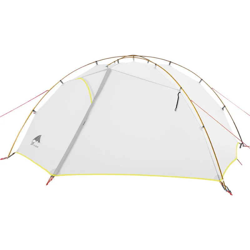 Green camouflage double layer camping tent with two room one hall layout set up outdoors