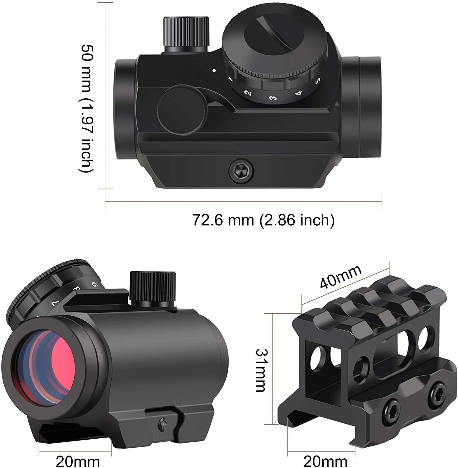 Feyachi 4 MOA red dot sight with aluminium body, 22mm objective lens, and dual mount options