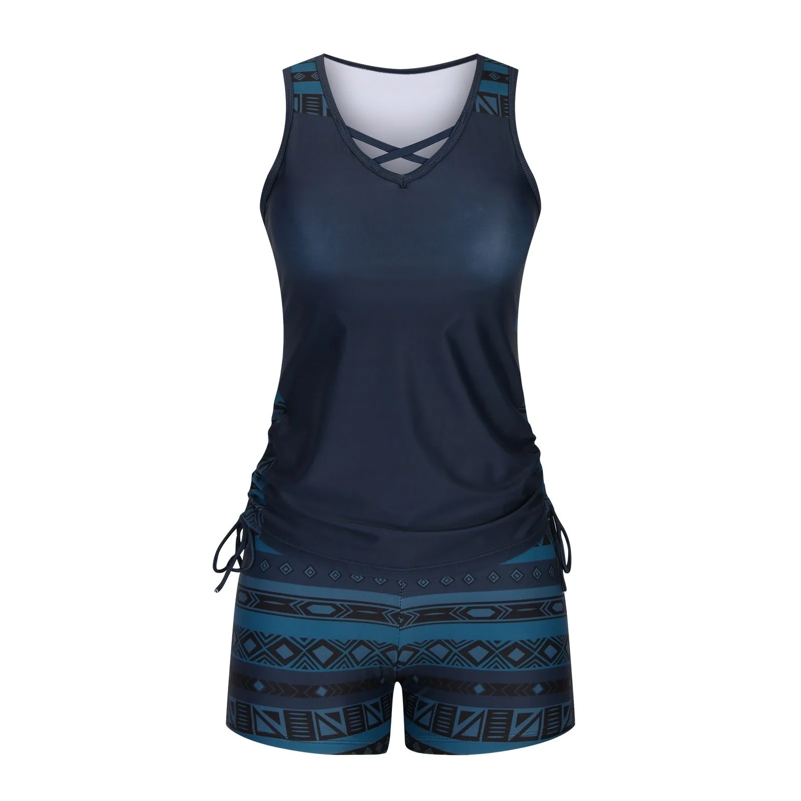 Women's blue lace print two-piece swimsuit set showing top and shorts separately