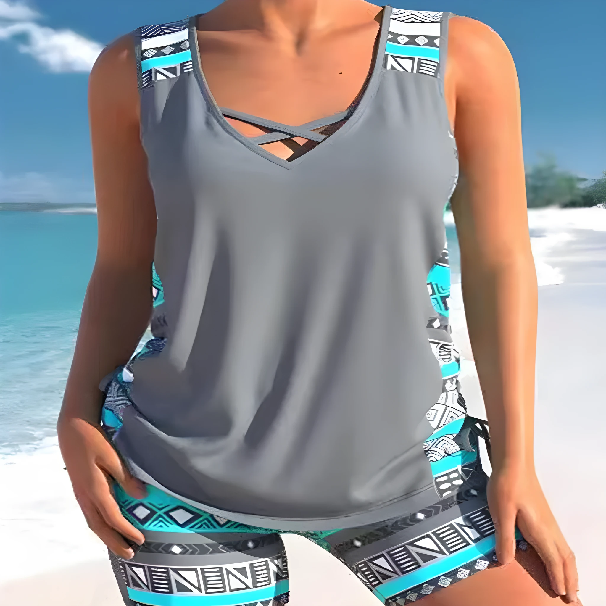 Women's blue lace print two-piece swimsuit set showing top and shorts separately
