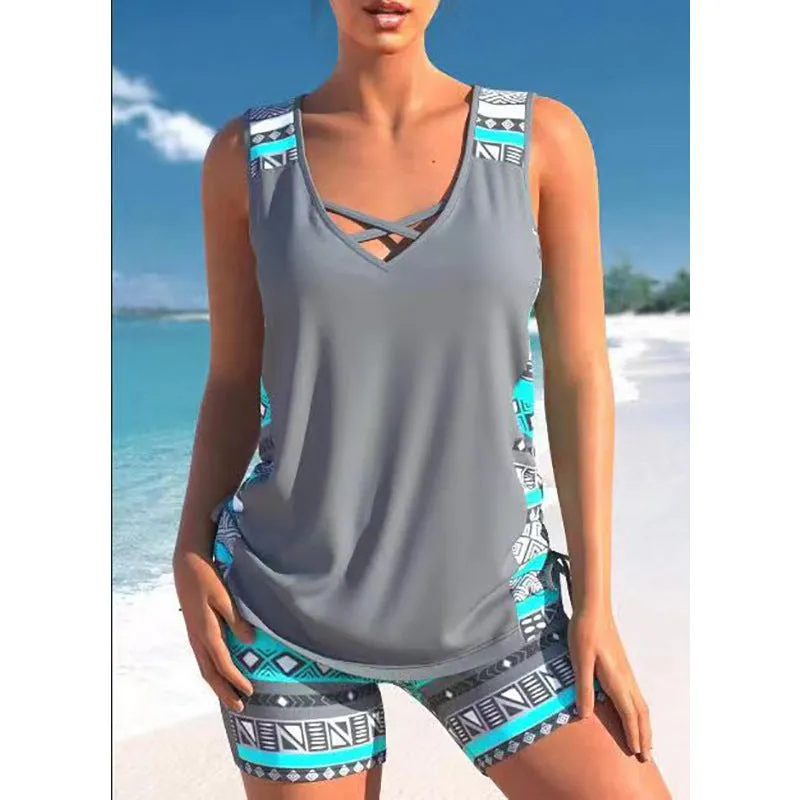 Women's blue lace print two-piece swimsuit set showing top and shorts separately