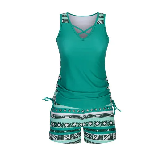 Women's blue lace print two-piece swimsuit set showing top and shorts separately