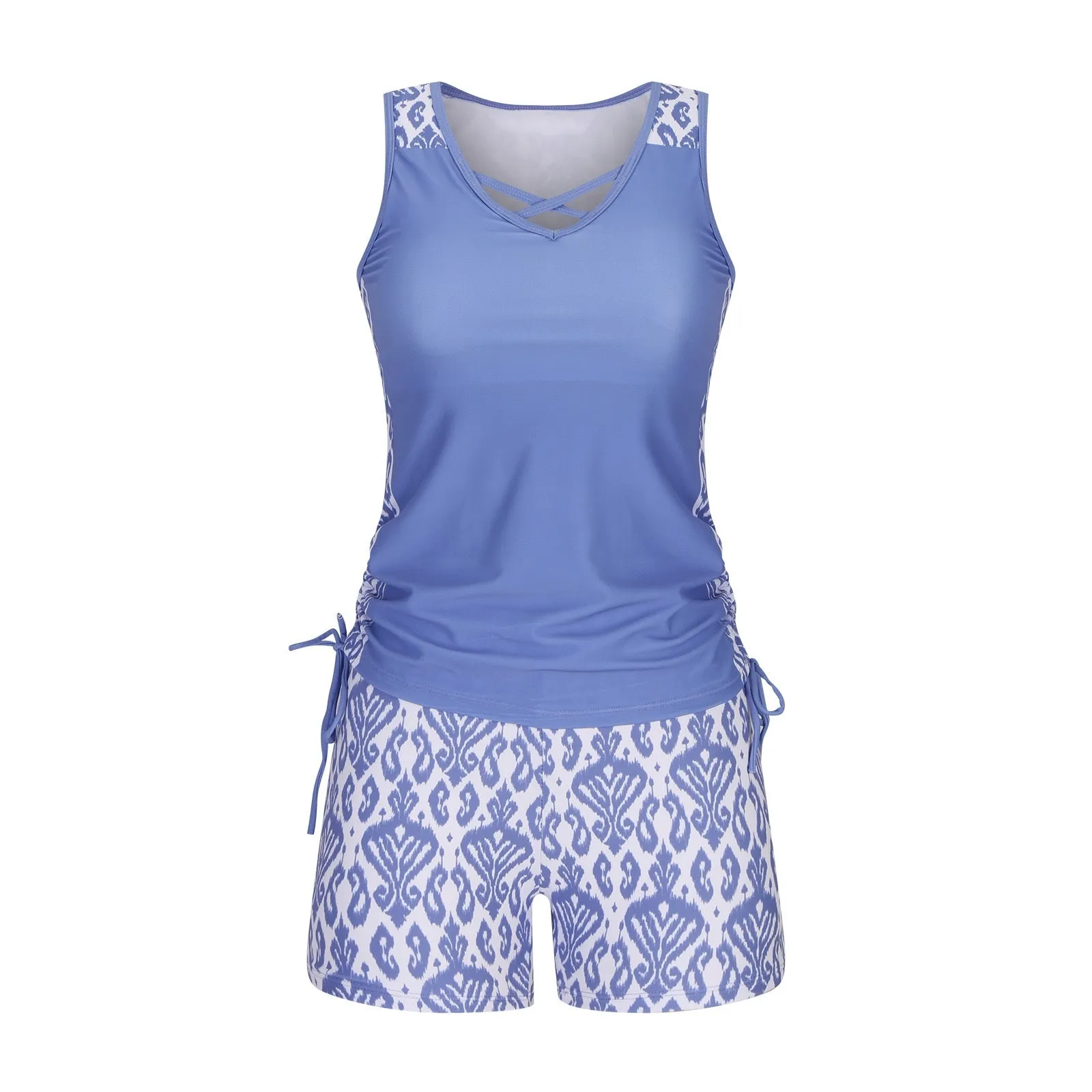 Women's blue lace print two-piece swimsuit set showing top and shorts separately