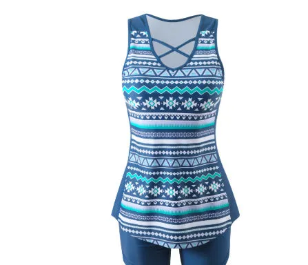 Women's blue lace print two-piece swimsuit set showing top and shorts separately
