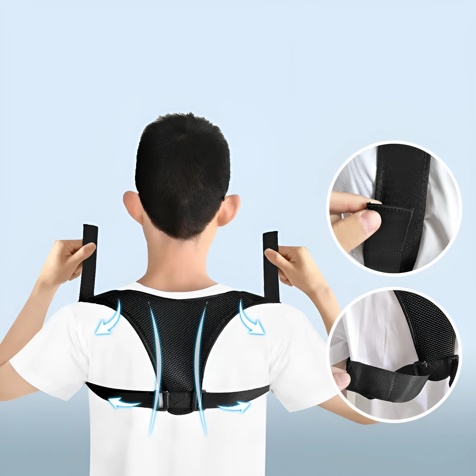 Black posture correction belt made of non-woven fabric, suitable for adults and children, sizes S to XL