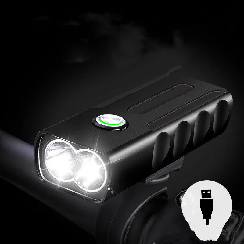 Black rechargeable bicycle headlight with aluminium alloy body and 360-degree bracket on handlebars