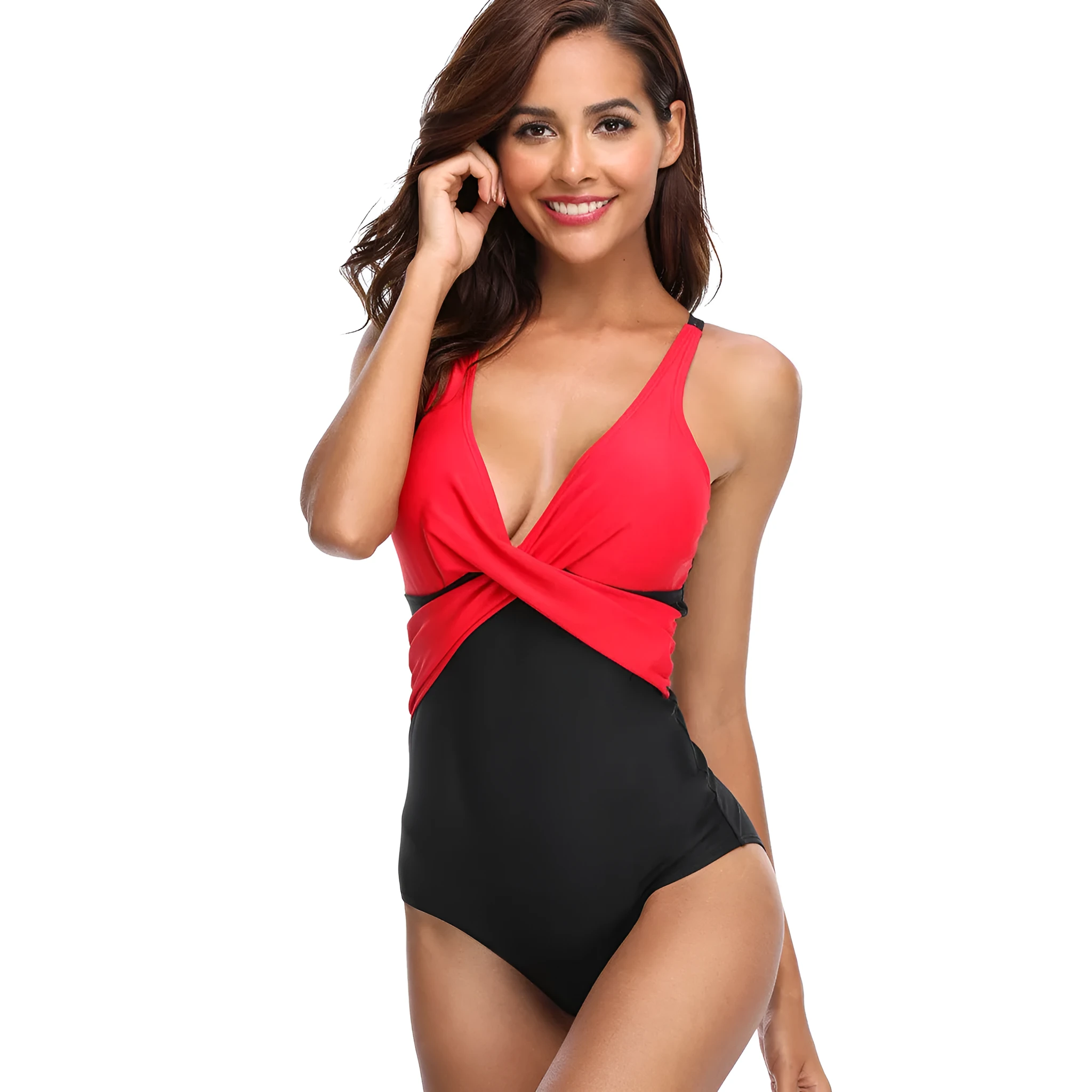 Women's solid colour one piece swimsuit with push up padding and high waist backless design in navy blue