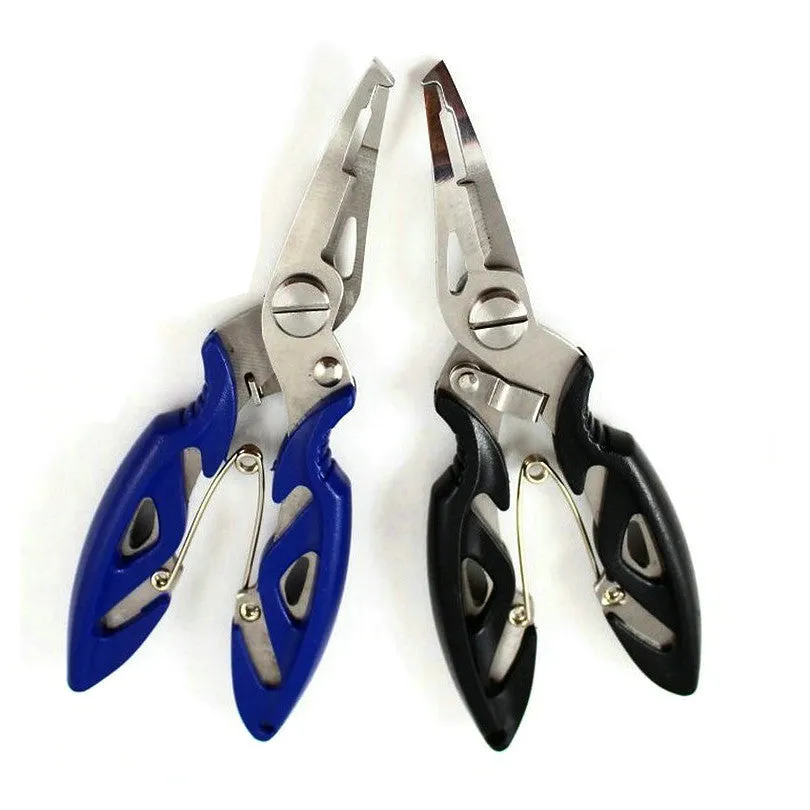 Stainless steel curved nose fishing pliers in blue with jaws open on a dark surface