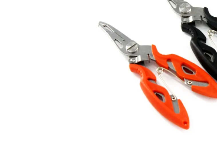 Stainless steel curved nose fishing pliers in blue with jaws open on a dark surface