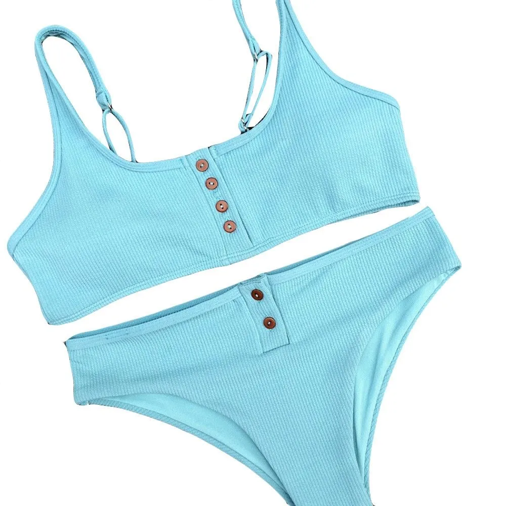 Women's solid colour bikini set with push-up padded bra and buttons, black, blue, white options, sizes S to XL