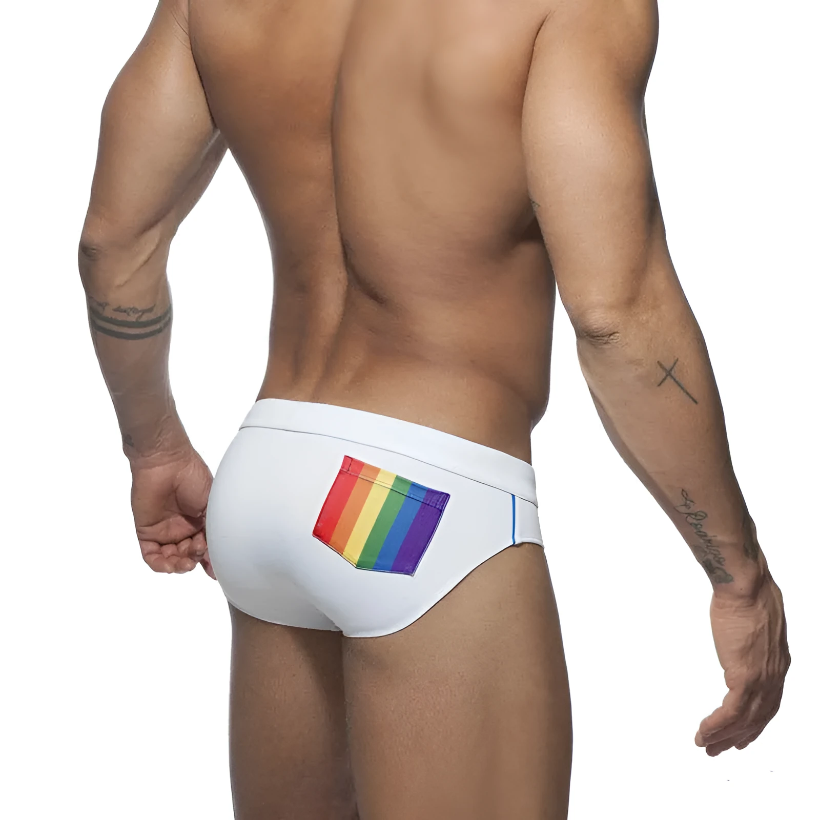 Rainbow low-waisted men swim briefs with front pocket in vinylon fabric, blue colour