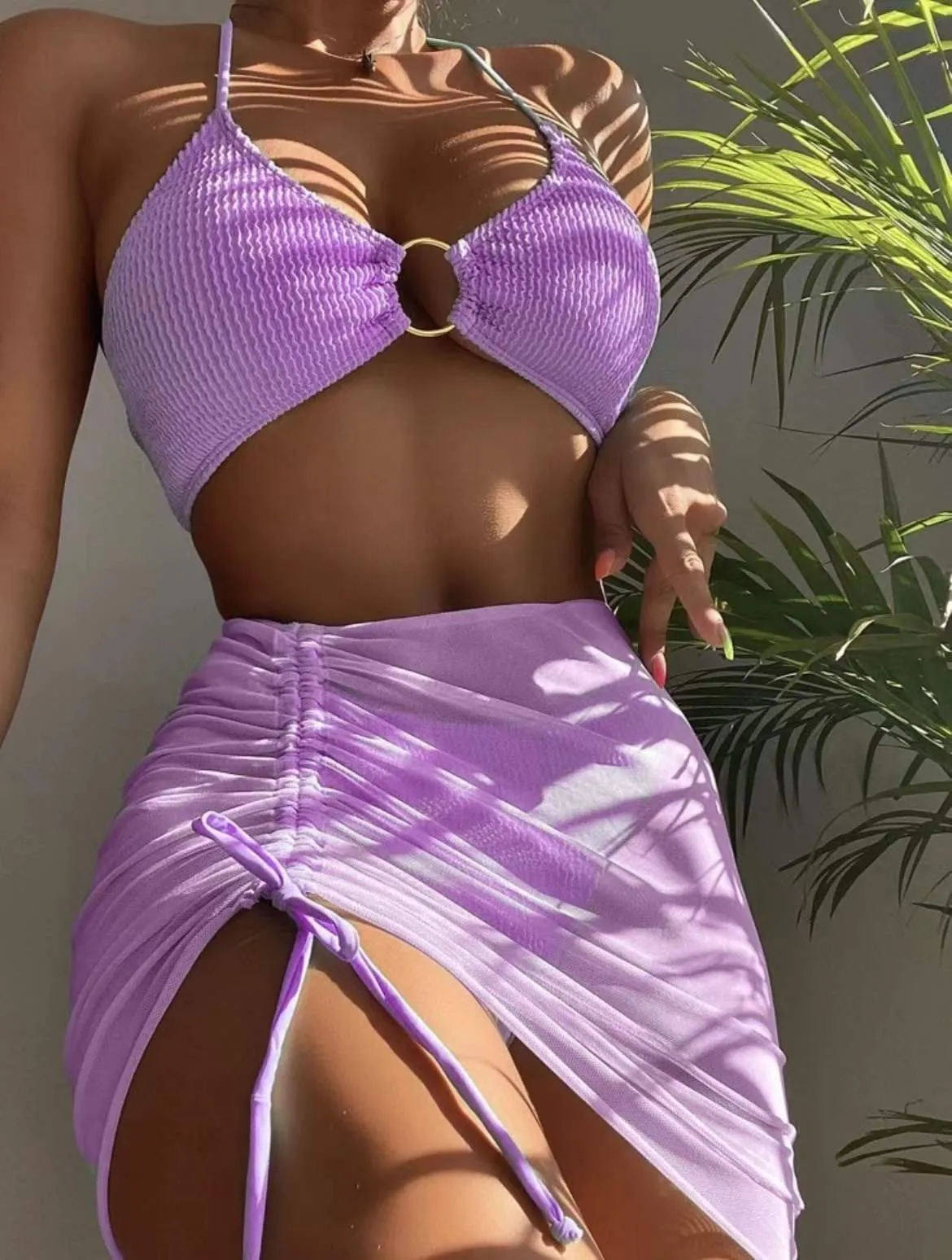Women's solid colour halter three-piece swimwear set with chest pad in black, blue, green, and other colours, sizes S-XL