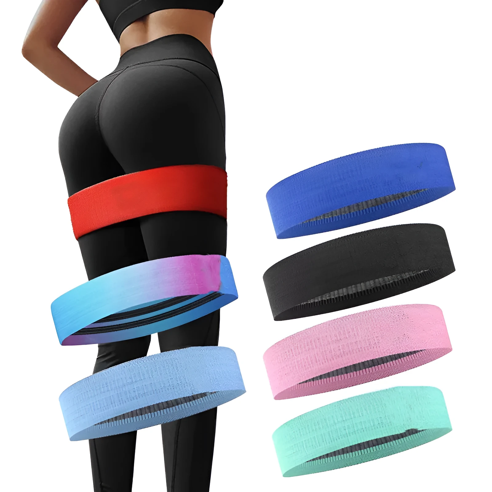 Fabric resistance band on a blue background showing two different colours for glute and yoga training