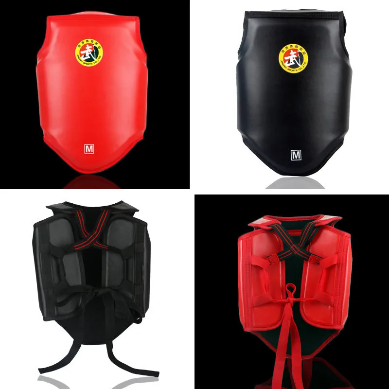 Red boxing helmet and matching chest protector set for fighting training