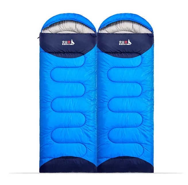Camping sleeping bag inner liner in blue with tear-proof polyester shell and compression bag
