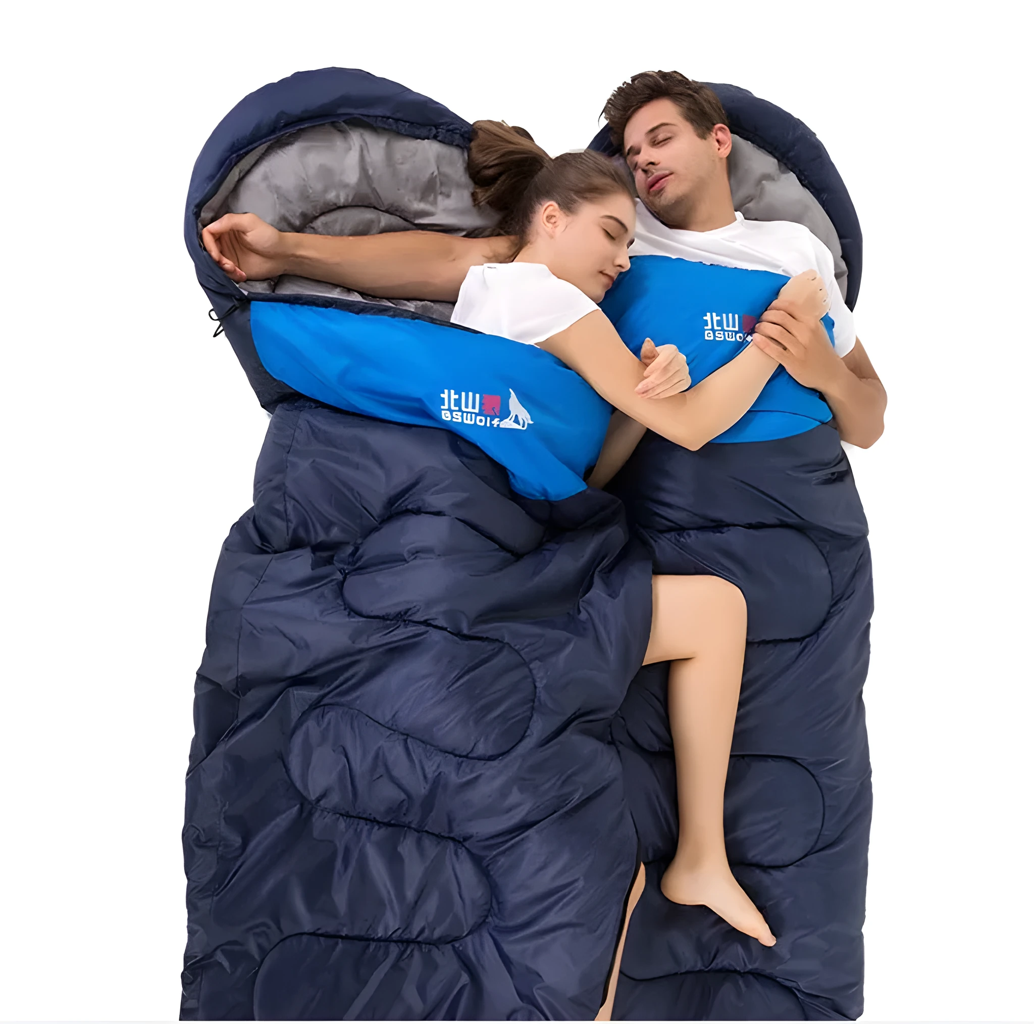 Camping sleeping bag inner liner in blue with tear-proof polyester shell and compression bag