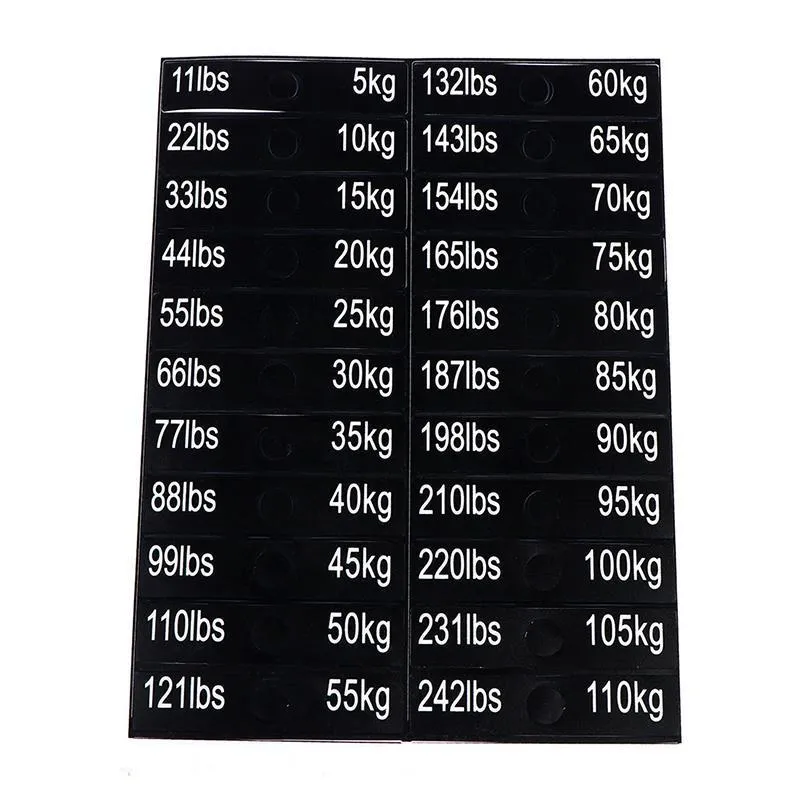 Gym weight sticker label 90x20mm Aspic colour with bolt holes showing 5-100kg scale