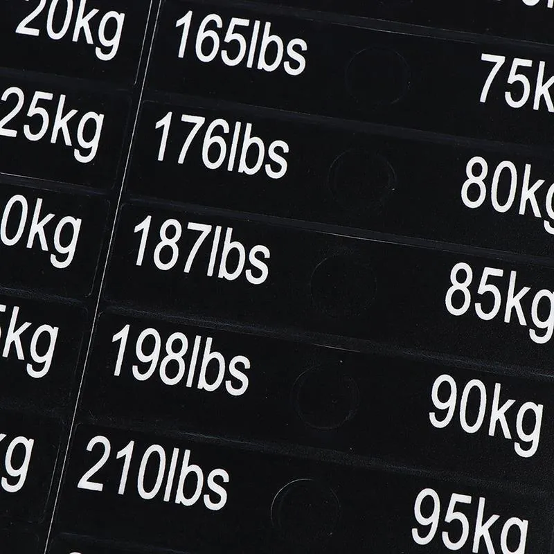 Gym weight sticker label 90x20mm Aspic colour with bolt holes showing 5-100kg scale