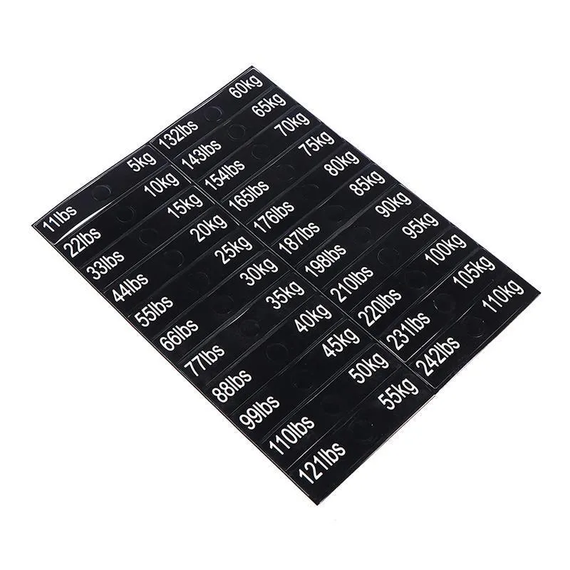 Gym weight sticker label 90x20mm Aspic colour with bolt holes showing 5-100kg scale