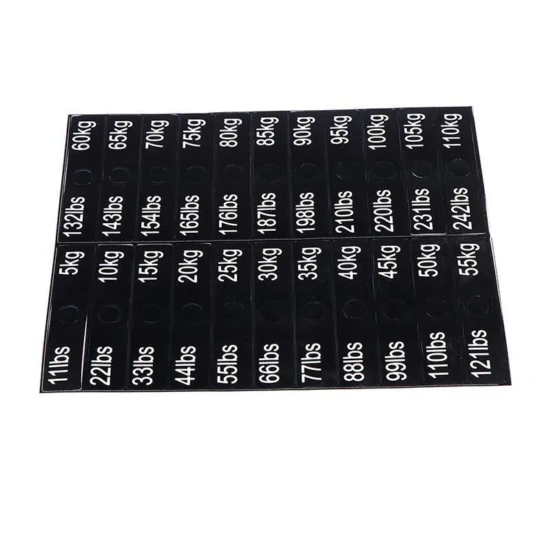 Gym weight sticker label 90x20mm Aspic colour with bolt holes showing 5-100kg scale